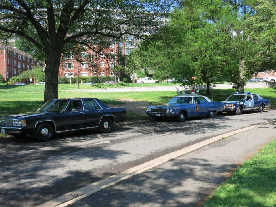 Three vintage police sedans parked in a line under trees