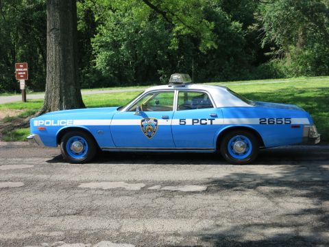 1991 Ford LTD Crown Victoria - Side view of a blue and white NYPD sedan marked 5 PCT and 2655 with a rooftop beacon, parked on pavement by trees.