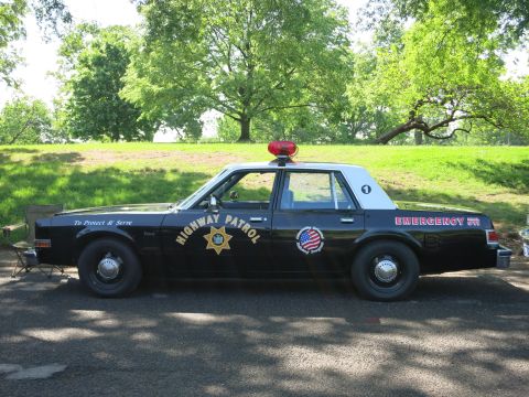 1991 Ford LTD Crown Victoria - black-and-white Highway Patrol sedan with a red dome light, gold star and 'Emergency 911' lettering parked in a park.