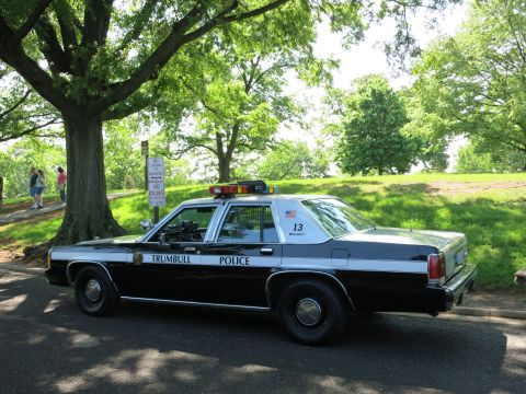 1991 Ford LTD Crown Victoria - black-and-white Trumbull Police Ford Crown Victoria with roof light bar and number 13 parked under shade trees.