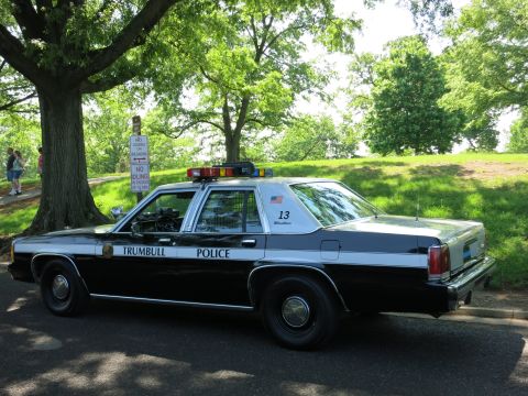 1991 Ford LTD Crown Victoria - Rear three-quarter view of a black-and-white Trumbull Police Ford sedan with light bar and number 13 in a shaded park.