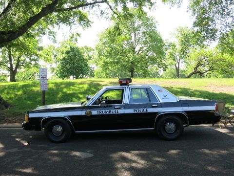 1991 Ford LTD Crown Victoria - black-and-white Trumbull Police Ford Crown Victoria sedan with light bar and number 13 parked beside a grassy park.