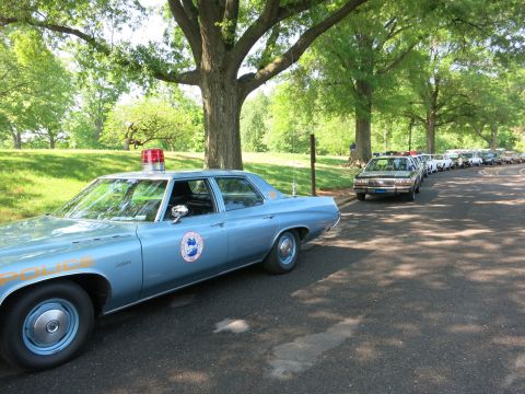 1991 Ford LTD Crown Victoria - black-and-white police sedan with light bar leads a long line of parked cars along a shaded tree-lined park road.