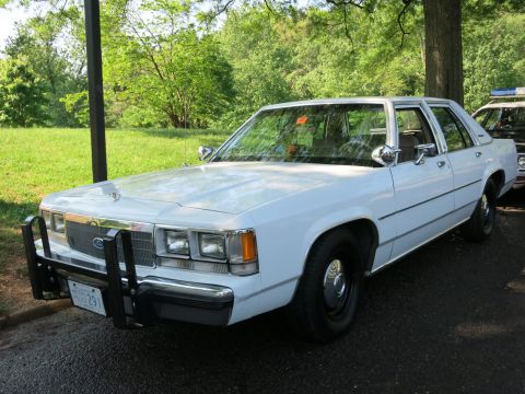 1991 Ford LTD Crown Victoria - black-and-white Highway Patrol coupe with a roof light bar leads a line of parked vintage police cars in a park.