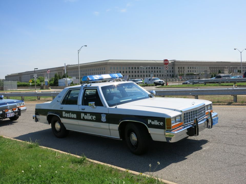 White and blue Boston Police Ford LTD Crown Victoria sedan parked near the Pentagon