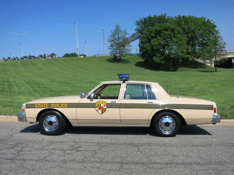 1991 Ford LTD Crown Victoria - Profile of a tan and brown 'State Police' Chevrolet sedan with shield door emblem and roof light parked on a road by a hill.