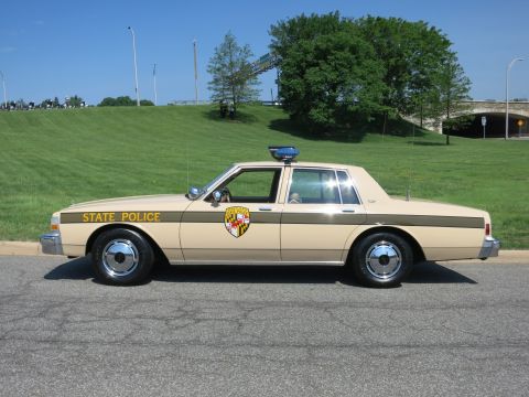 1991 Ford LTD Crown Victoria - tan and brown 'State Police' Chevrolet sedan with shield door emblem and roof light parked on a road below a grassy hill.