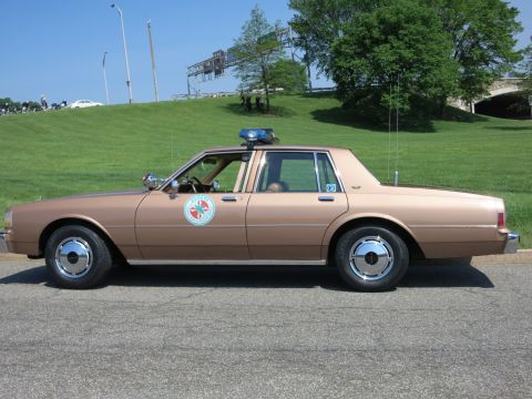 1991 Ford LTD Crown Victoria - tan-brown Chevrolet Caprice police sedan with a round star door emblem and blue roof lights parked on a road by a grassy hill.