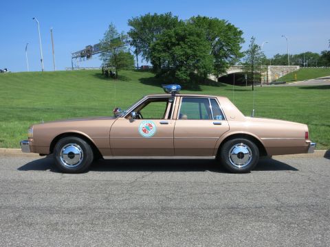 1991 Ford LTD Crown Victoria - tan vintage police cruiser with a roof beacon and door agency emblem is parked on pavement near a grassy slope.