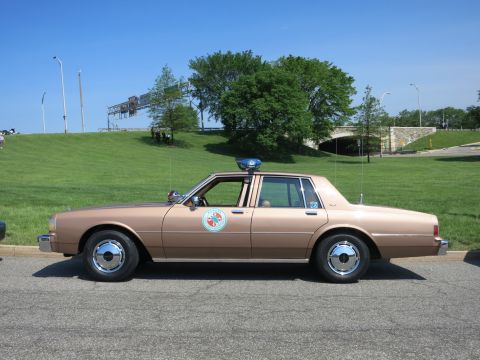 1991 Ford LTD Crown Victoria - tan four-door police sedan with a roof light assembly and round door emblem is parked roadside under blue sky.