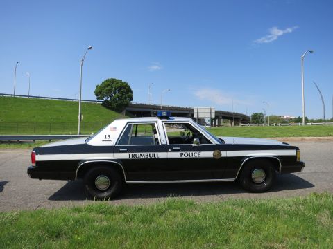 1991 Ford LTD Crown Victoria - Side view of a black-and-white TRUMBULL POLICE sedan with a US flag decal, parked beside a grassy slope and overpass.