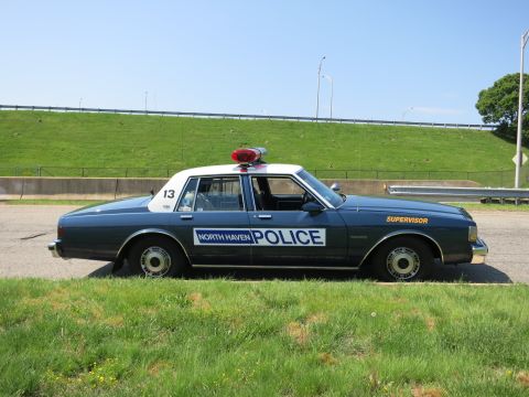 1991 Ford LTD Crown Victoria - dark-and-white sedan lettered NORTH HAVEN POLICE with a single red light sits in profile before a grassy embankment.