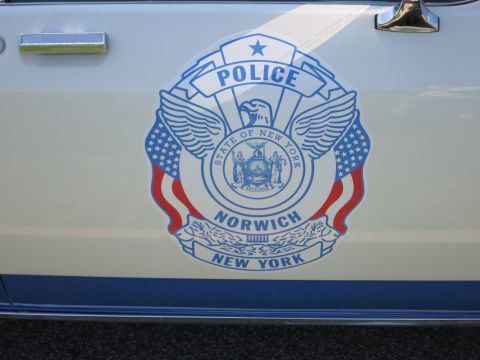 1991 Ford LTD Crown Victoria - Close-up of a blue-and-red door decal reading POLICE NORWICH NEW YORK with an eagle, state shield and flag motifs.