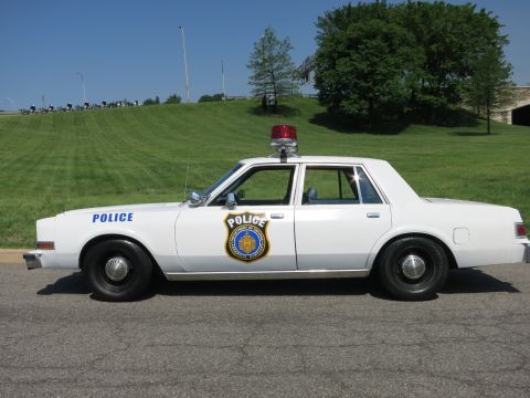1991 Ford LTD Crown Victoria - Side view of a white police sedan marked POLICE with a gold shield emblem and a single red roof light, parked by a grassy hill.