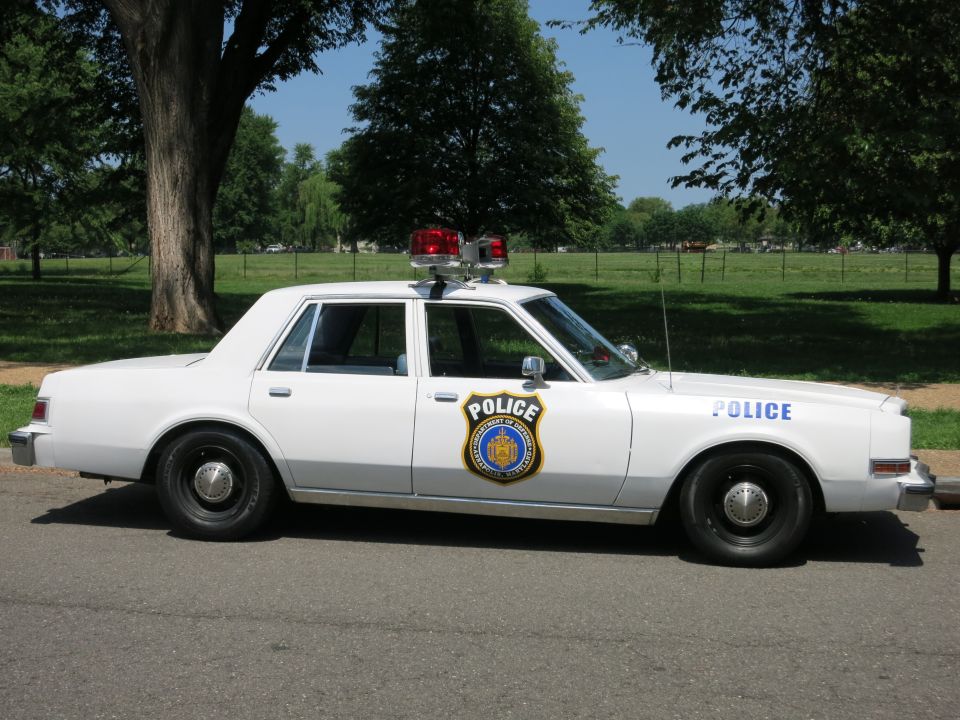 White boxy Police sedan with rooftop lightbar parked at a park