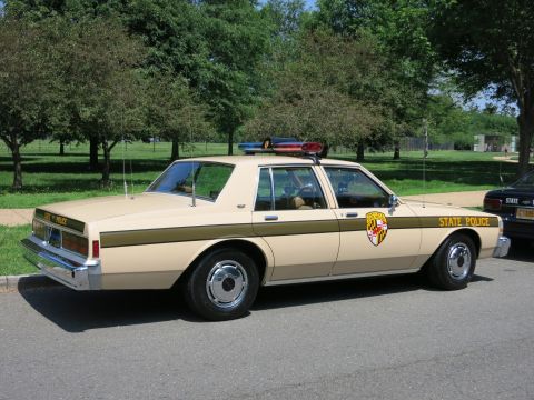 1991 Ford LTD Crown Victoria - tan four-door sedan marked Maryland State Police with a gold door shield and roof beacon parked on a tree-lined park road.
