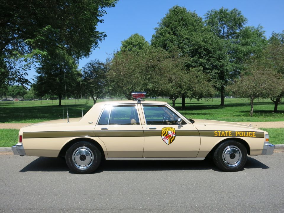 Tan Maryland State Police sedan profile view parked at a park