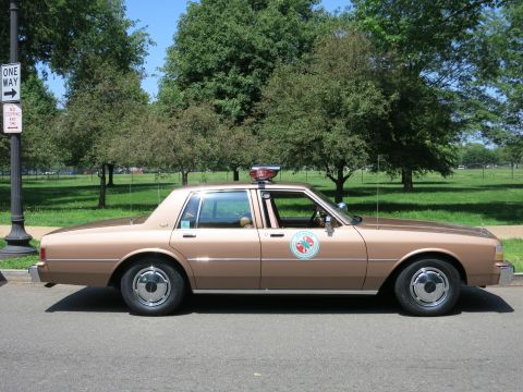 1991 Ford LTD Crown Victoria - brown four-door police sedan with a circular emblem and roof beacon parked near a One Way sign on a park road.