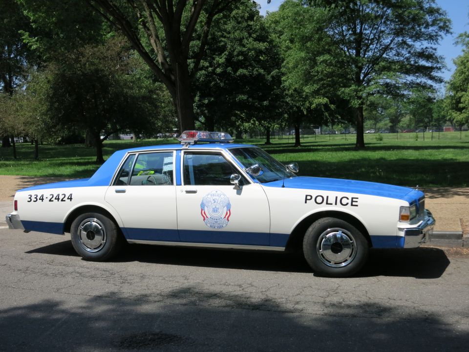 Blue and white Police sedan lettered 334-2424 parked at a park