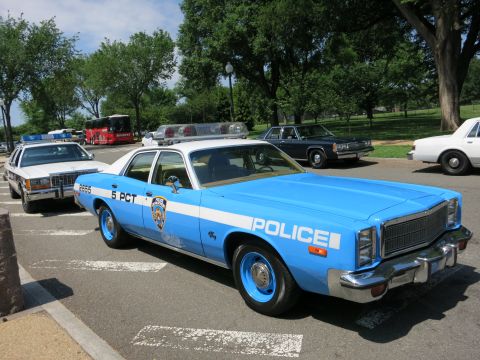 1991 Ford LTD Crown Victoria - light blue police sedan lettered 5 PCT and Police parked in a lot among several other vintage patrol cars.