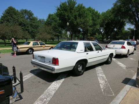 1991 Ford LTD Crown Victoria - white Ford four-door sedan sits in a sunny lot, with a tan sedan and a police car visible nearby among trees.