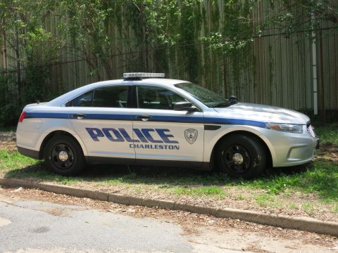 1991 Ford LTD Crown Victoria - silver Ford sedan lettered POLICE CHARLESTON with a roof light bar parked on a grassy verge by a fence.