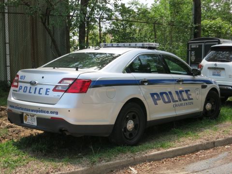 1991 Ford LTD Crown Victoria - Rear view of a silver Ford police sedan marked POLICE CHARLESTON with a website URL on the door and roof light bar.
