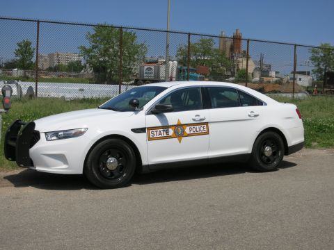 1991 Ford LTD Crown Victoria - white Ford State Police sedan with an orange-and-blue door shield parked on pavement before a chain-link fence.