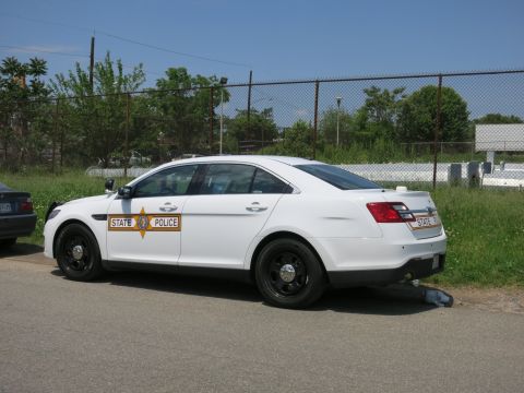 1991 Ford LTD Crown Victoria - white Ford State Police sedan with an orange-and-blue door shield parked along a curb by a chain-link fence.