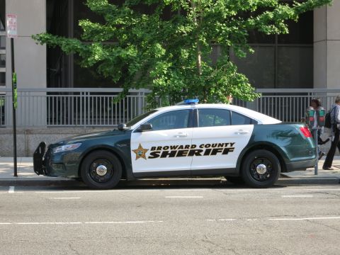 1991 Ford LTD Crown Victoria - green-and-white Ford Taurus marked Broward County Sheriff with a gold star emblem parked along a city curb.