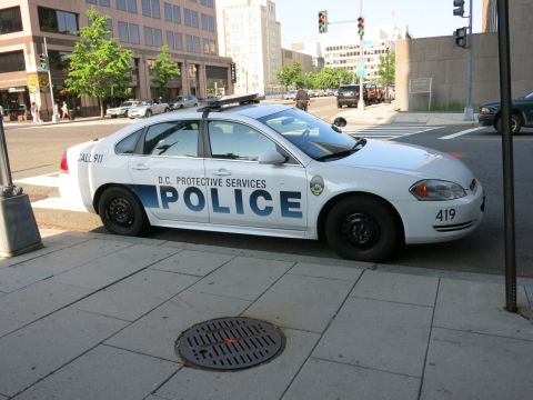 1991 Ford LTD Crown Victoria - white D.C. Protective Services police sedan with blue markings and unit number 419 parked at an urban intersection.