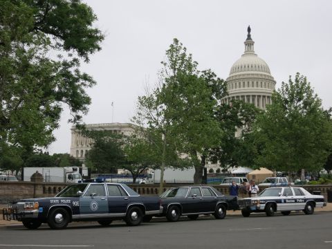 1991 Ford LTD Crown Victoria - Three police-style sedans line a curb with the U.S. Capitol dome visible above the trees in the background.