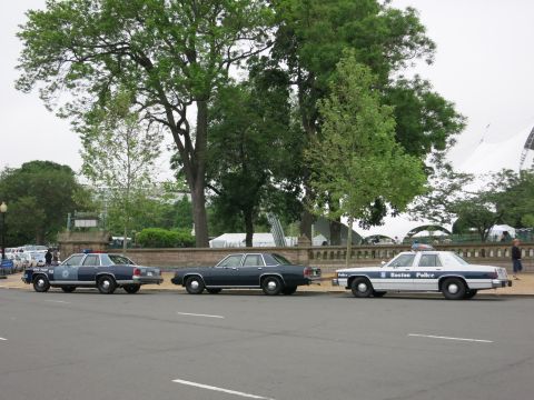 1991 Ford LTD Crown Victoria - navy police sedan, a dark unmarked sedan, and a white Boston Police cruiser line a curb beneath large shade trees.