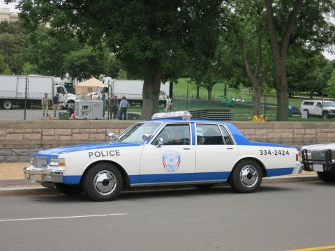 1991 Ford LTD Crown Victoria - blue and white police car marked POLICE 334-2424 parked along a stone wall with trees and a fenced lot behind.