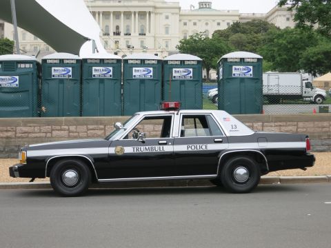 1991 Ford LTD Crown Victoria - Side profile of a black and white Trumbull Police car numbered 13 parked in front of a row of green portable toilets.