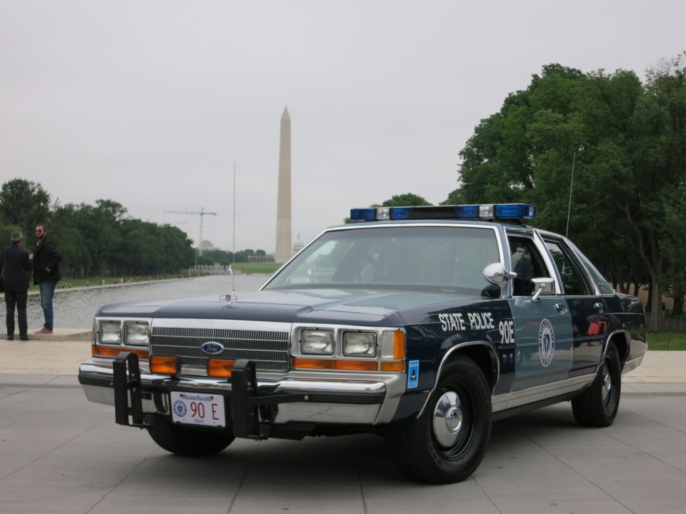 Front three-quarter view of a State Police Ford cruiser at the National Mall