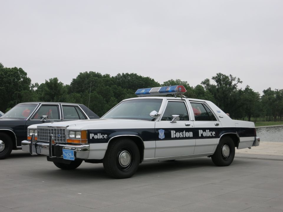 Boston Police Ford LTD Crown Victoria parked on plaza, three-quarter front
