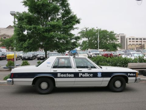 Profile of a white and blue Boston Police sedan parked near a leafy tree and parking lot