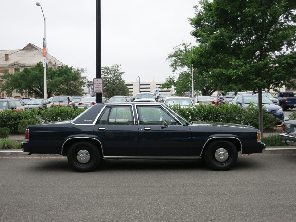 Side view of a dark blue full-size sedan parked in front of shrubs and a parking lot