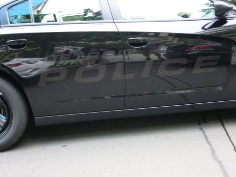 Close-up of a black Detroit Police car door with subdued gray POLICE lettering