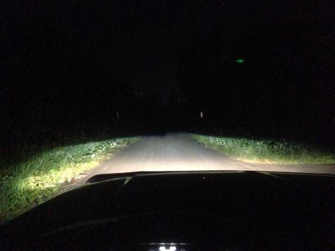 1992 Ford F-150 - The view from the driver's seat as headlights cut through the darkness on a rural road.