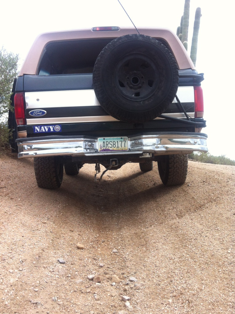 1994 Ford Bronco rear view, spare tire mounted externally, license plate ARS8177, navy decal on tailgate