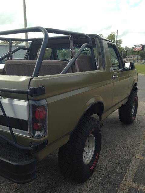 1994 Ford Bronco - This modified 1994 Ford Bronco features a custom roll cage and off-road tires, seen from a rear three-quarter angle.