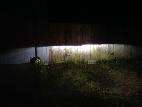1992 Ford F-150 - Headlights cast a bright beam across a wooden fence and garage door in darkness.