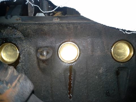 1991 Ford F-250 - Engine block with freeze plugs installed, one showing part number 170-595.