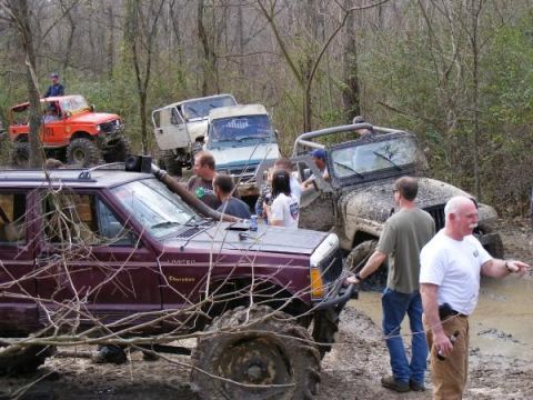 Muddy off-road vehicles in a wooded area with people
