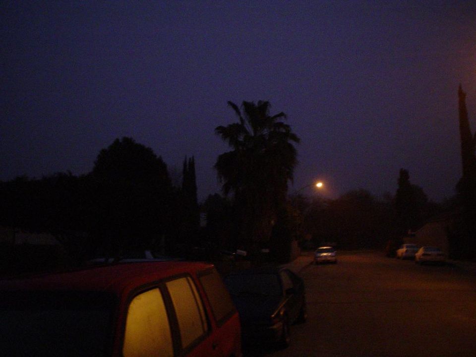 Dark twilight street scene with silhouetted palm tree, streetlight, and parked cars including a red SUV in foreground