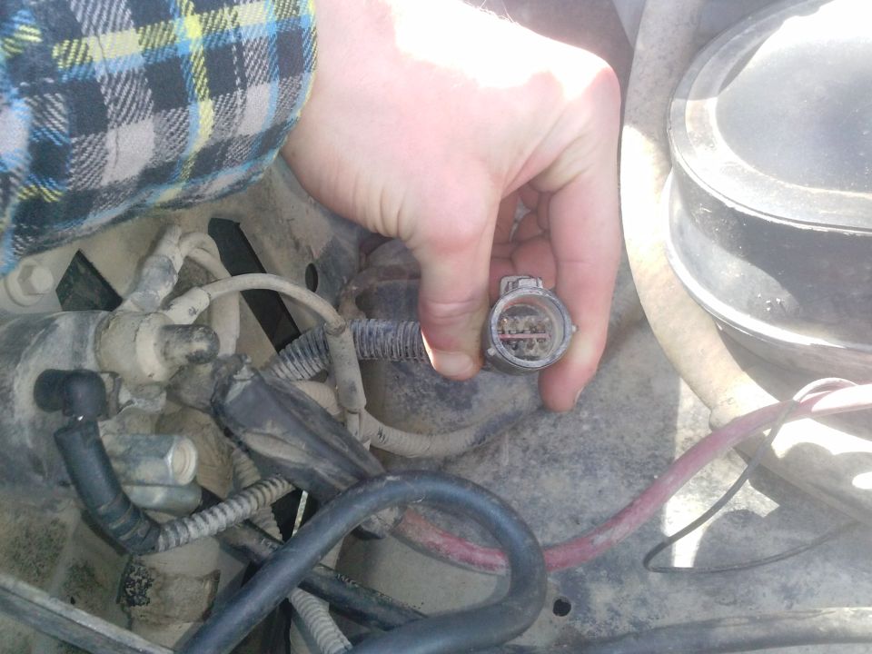 Hand holding an electrical connector with multiple pins, surrounded by engine bay wiring and components