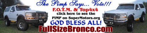 1994 Ford Bronco - Two 1994 Ford Broncos are shown with text overlay promoting a vote and website.