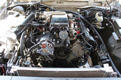 2003 Ford Crown Victoria - Engine bay showing a Kenne Bell supercharger, chrome alternator, belt-driven accessories and brake master cylinder reservoir.